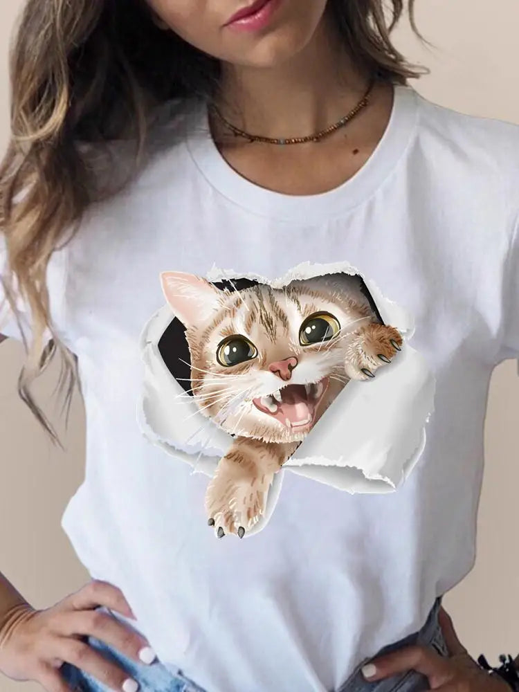 Print T Fashion 3D Cat Lovely Trend Cute Women's Clothing Short Sleeve Clothes Summer T-shirts Ladies Female Graphic Tee