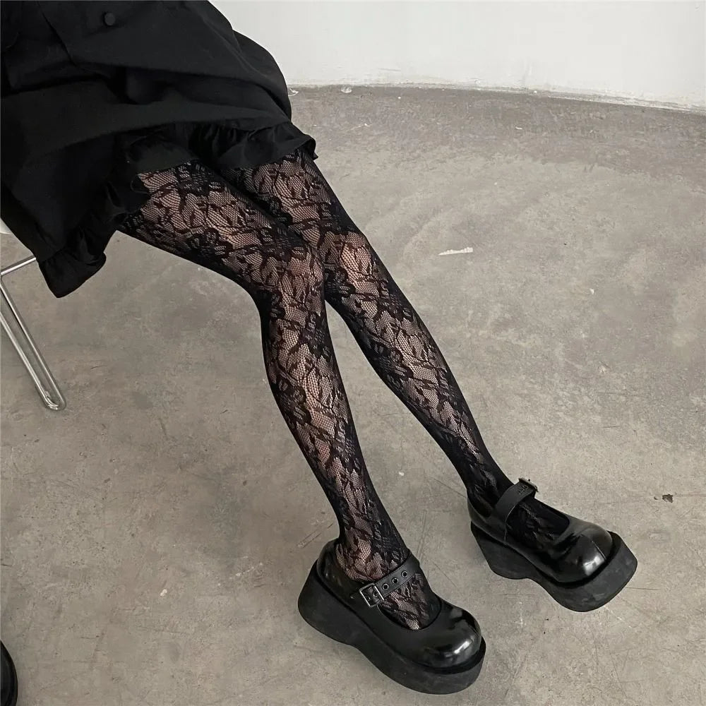 Y2k Fashion Gothic Flower Hollow Out Sexy Pantyhose Women Fishnet Wine Red Ins Hot Girls JK Tights High Elastic Hipster Leggings