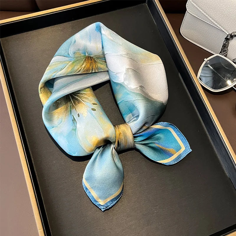 Hot Sale 2025 Brand 100% Silk Scarf Women Neck Hair Foulard Square Headband Hijab Print Poncho Scarves Bandana Fashion 53cm