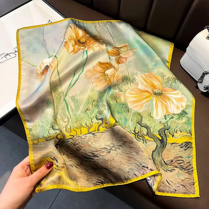 Hot Sale 2025 Brand 100% Silk Scarf Women Neck Hair Foulard Square Headband Hijab Print Poncho Scarves Bandana Fashion 53cm