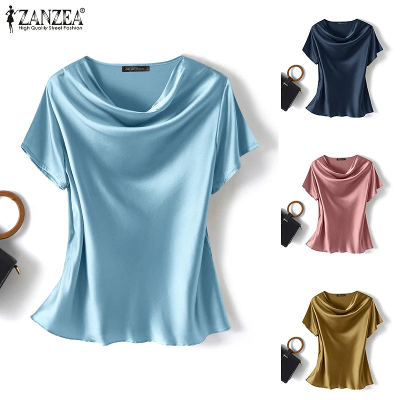 Women Summer Blouses ZANZEA 2024 Fashion Satin Tops Short Sleeve Blusas Female O Neck Casual Home Wear Tunic Chemise Oversized