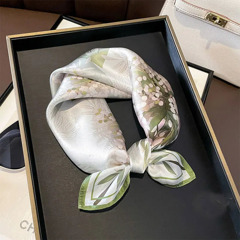 Hot Sale 2025 Brand 100% Silk Scarf Women Neck Hair Foulard Square Headband Hijab Print Poncho Scarves Bandana Fashion 53cm