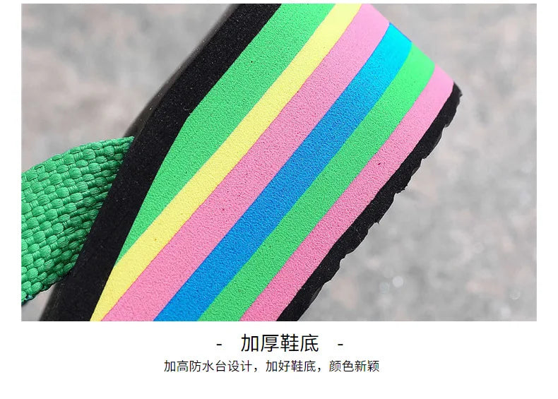 Women's Rainbow Color Platform Flip Flops Summer Thick Sole Lightweight Slip-on Wedges Sandals Girls Beach Slippers