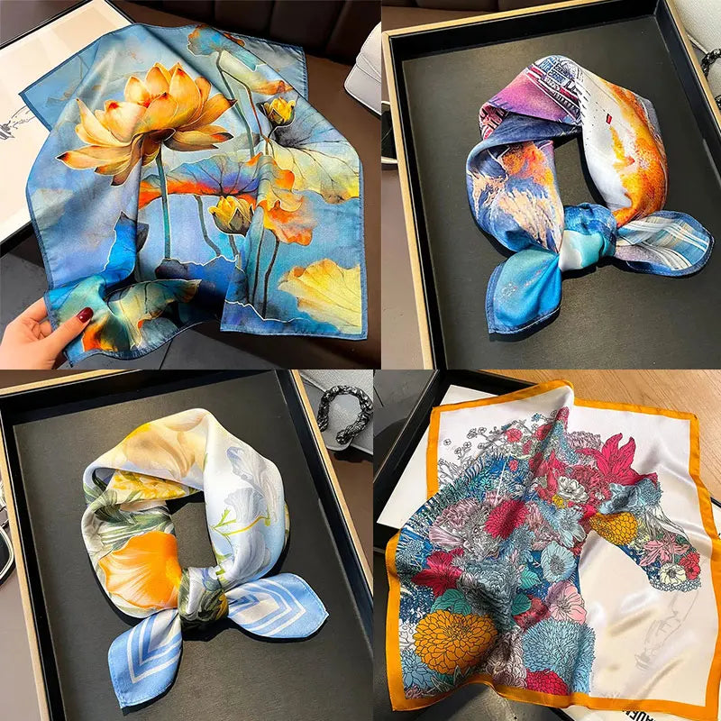 Hot Sale 2025 Brand 100% Silk Scarf Women Neck Hair Foulard Square Headband Hijab Print Poncho Scarves Bandana Fashion 53cm