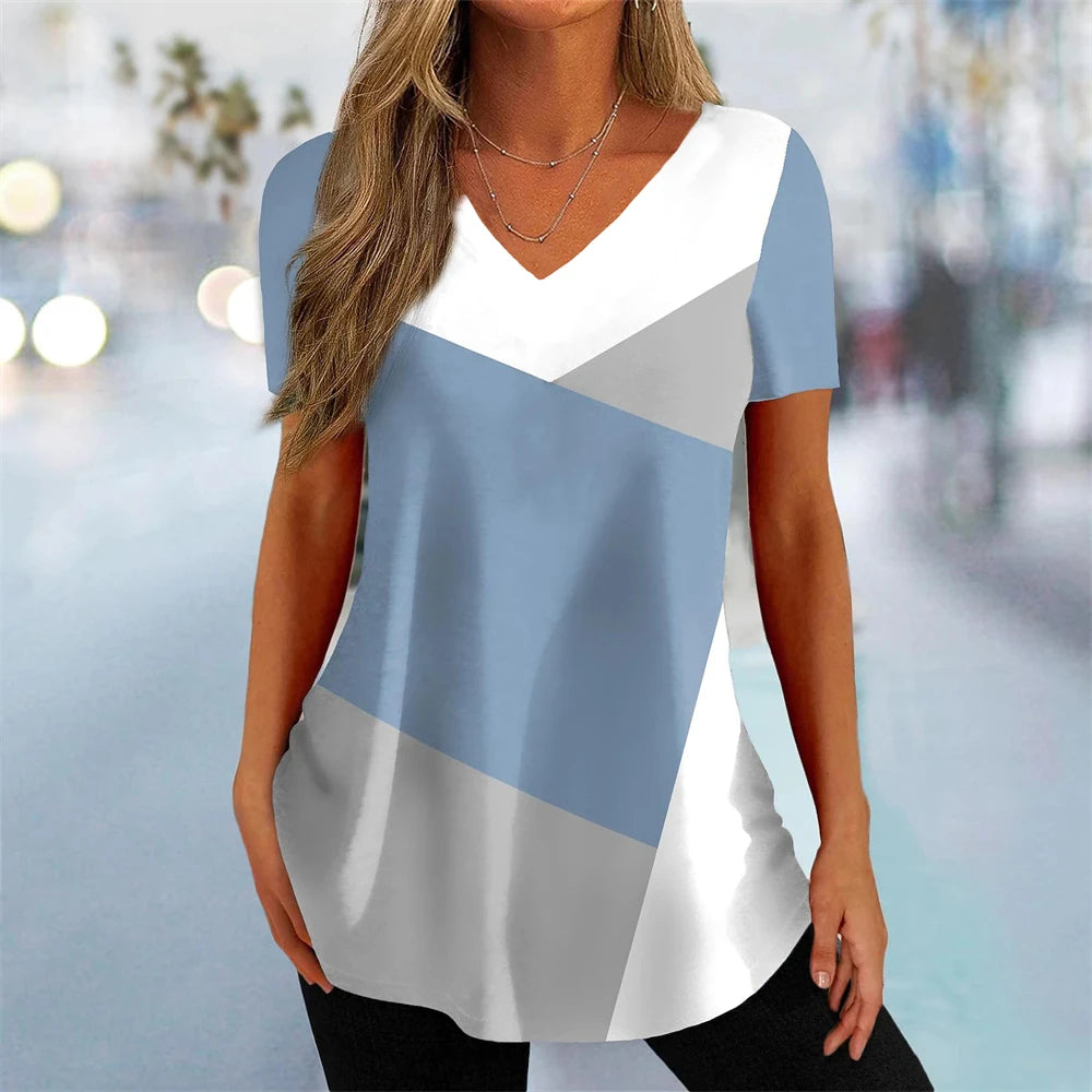 Vintage Simple Women's T-Shirt 3D Wave Curve Tee Fashion V-Neck Summer Short Sleeve Loose Streetwear Female Clothes Black Tshirt
