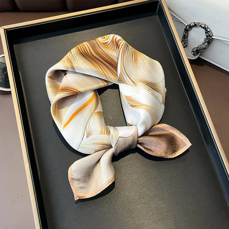Hot Sale 2025 Brand 100% Silk Scarf Women Neck Hair Foulard Square Headband Hijab Print Poncho Scarves Bandana Fashion 53cm