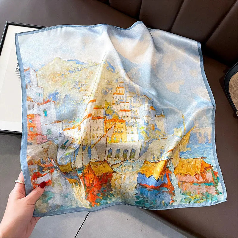 Hot Sale 2025 Brand 100% Silk Scarf Women Neck Hair Foulard Square Headband Hijab Print Poncho Scarves Bandana Fashion 53cm