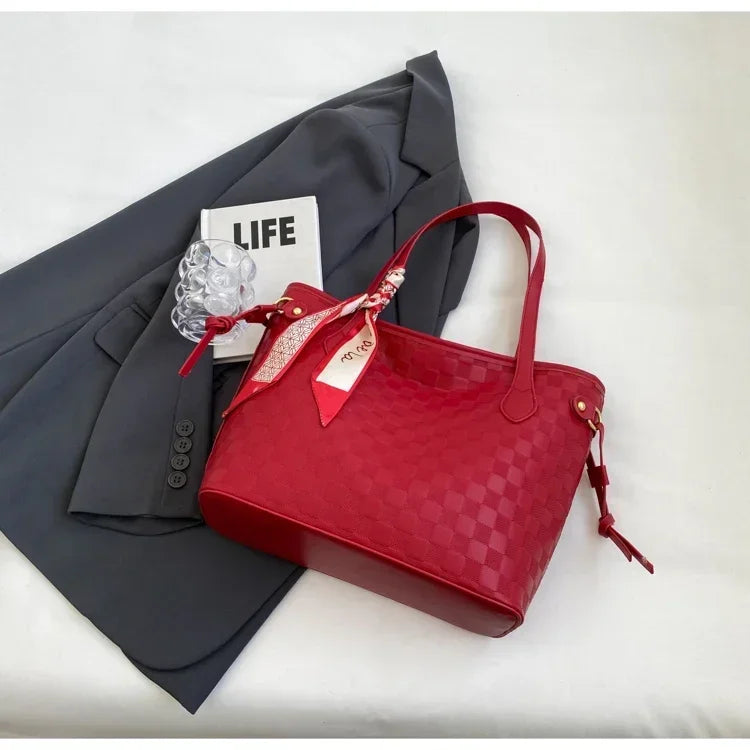 PU 2024 New Women's Bag Fashion Trend Shoulder Bag Leisure Commuter Handbag Minimalist Versatile Design Red Large Capacity
