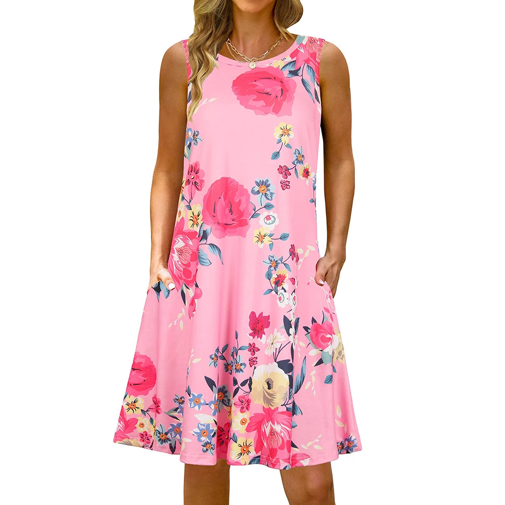 S-5Xl Colorful Printed O Neck Long Dress Casual Bohemian Sleeveless Ladies Summer Beach Sundress Travel Pocket Shirt Party Gowns