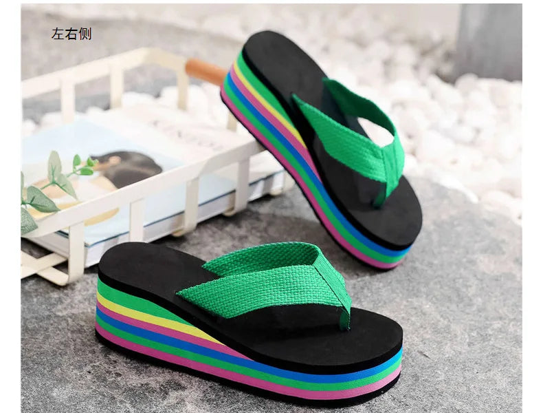 Women's Rainbow Color Platform Flip Flops Summer Thick Sole Lightweight Slip-on Wedges Sandals Girls Beach Slippers