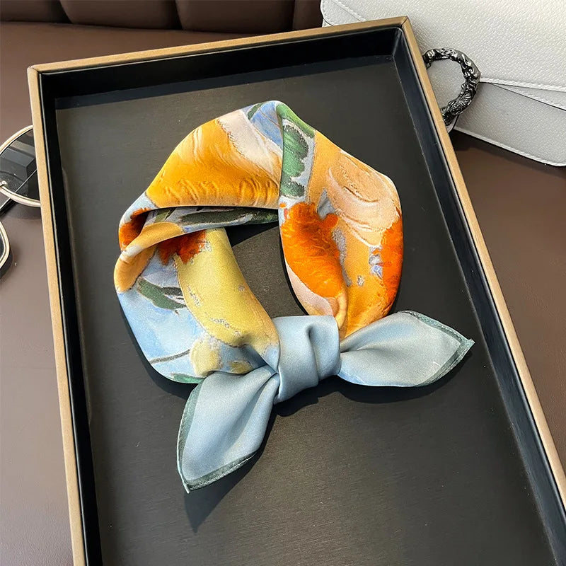 Hot Sale 2025 Brand 100% Silk Scarf Women Neck Hair Foulard Square Headband Hijab Print Poncho Scarves Bandana Fashion 53cm