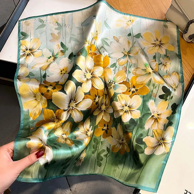 Hot Sale 2025 Brand 100% Silk Scarf Women Neck Hair Foulard Square Headband Hijab Print Poncho Scarves Bandana Fashion 53cm