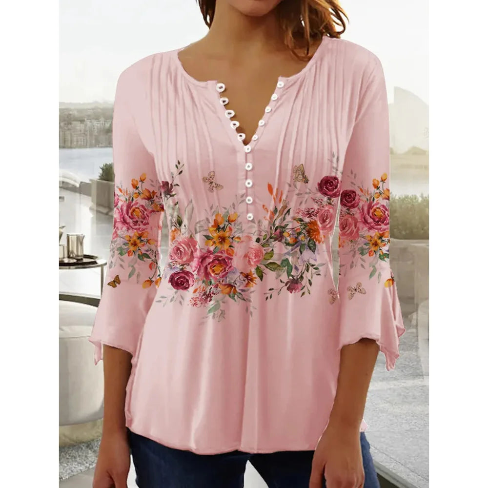 New Fashion Women's T-Shirt Tee White Floral Button Short Sleeve Summer 3D Printed Basic V-Neck Loose Casua Size Top Clothing