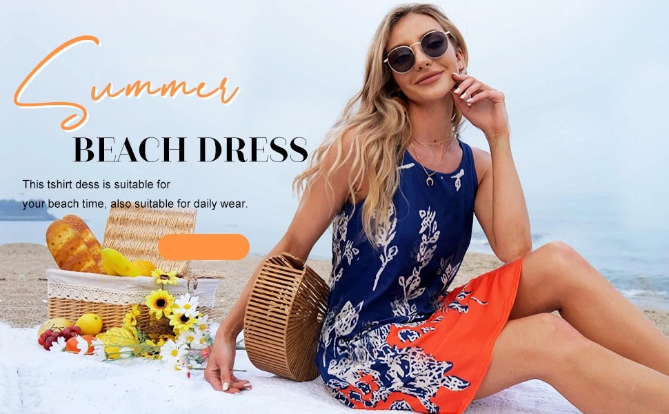 S-5Xl Colorful Printed O Neck Long Dress Casual Bohemian Sleeveless Ladies Summer Beach Sundress Travel Pocket Shirt Party Gowns