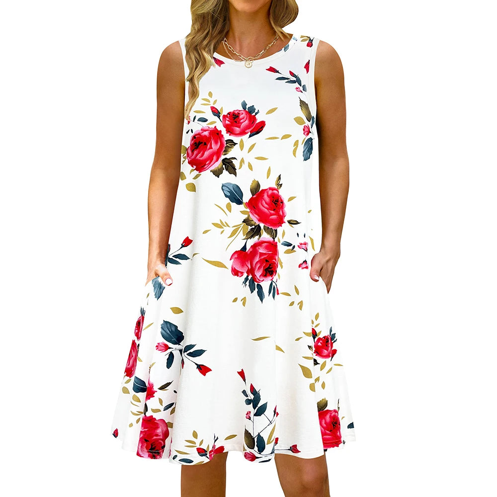 S-5Xl Colorful Printed O Neck Long Dress Casual Bohemian Sleeveless Ladies Summer Beach Sundress Travel Pocket Shirt Party Gowns