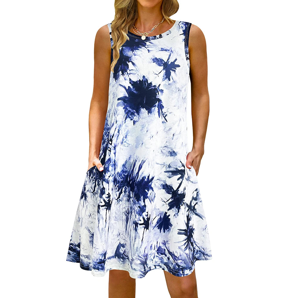 S-5Xl Colorful Printed O Neck Long Dress Casual Bohemian Sleeveless Ladies Summer Beach Sundress Travel Pocket Shirt Party Gowns