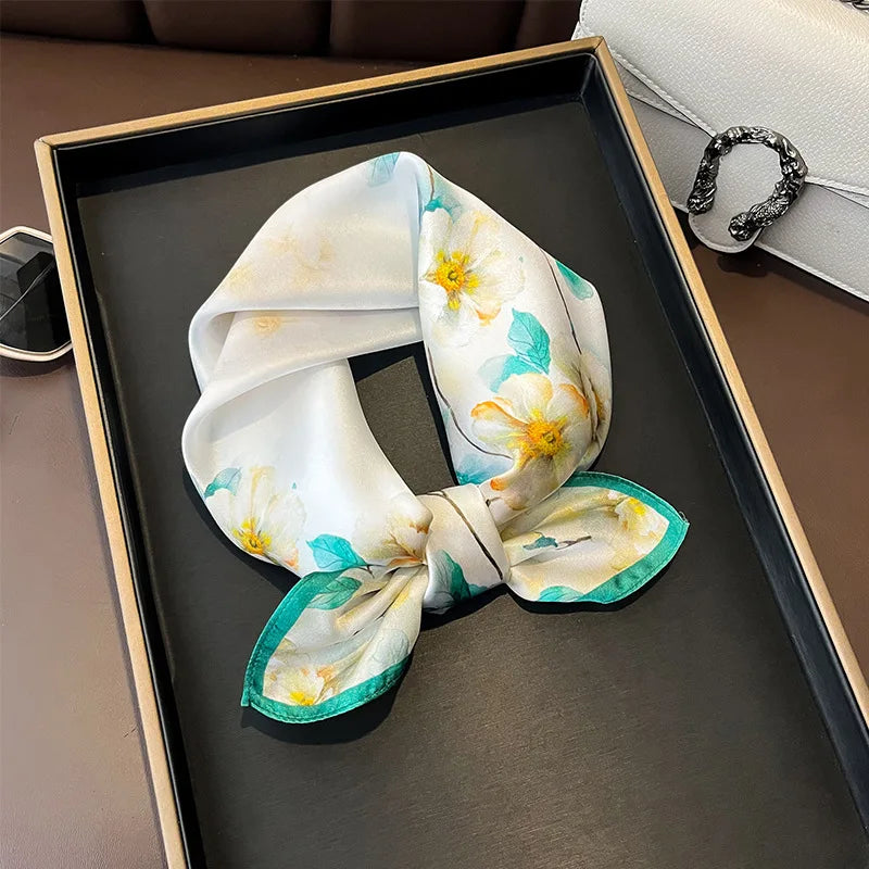 Hot Sale 2025 Brand 100% Silk Scarf Women Neck Hair Foulard Square Headband Hijab Print Poncho Scarves Bandana Fashion 53cm