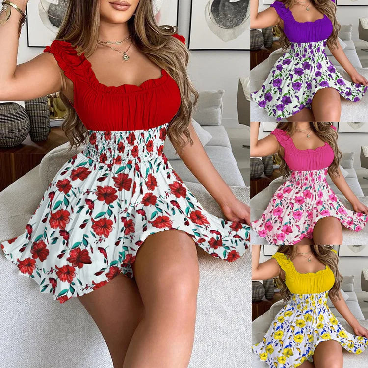 Summer New Floral Contrast Clasp Waist Slim Round Neck Dress 2024 Sexy Women's Red Sleeveless Print Fashion Mini Dress Vestidos