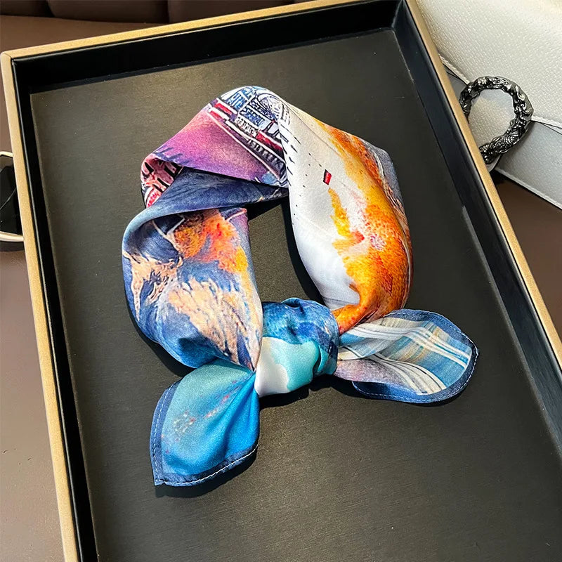 Hot Sale 2025 Brand 100% Silk Scarf Women Neck Hair Foulard Square Headband Hijab Print Poncho Scarves Bandana Fashion 53cm