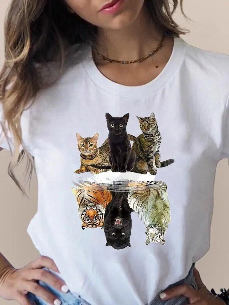 Print T Fashion 3D Cat Lovely Trend Cute Women's Clothing Short Sleeve Clothes Summer T-shirts Ladies Female Graphic Tee