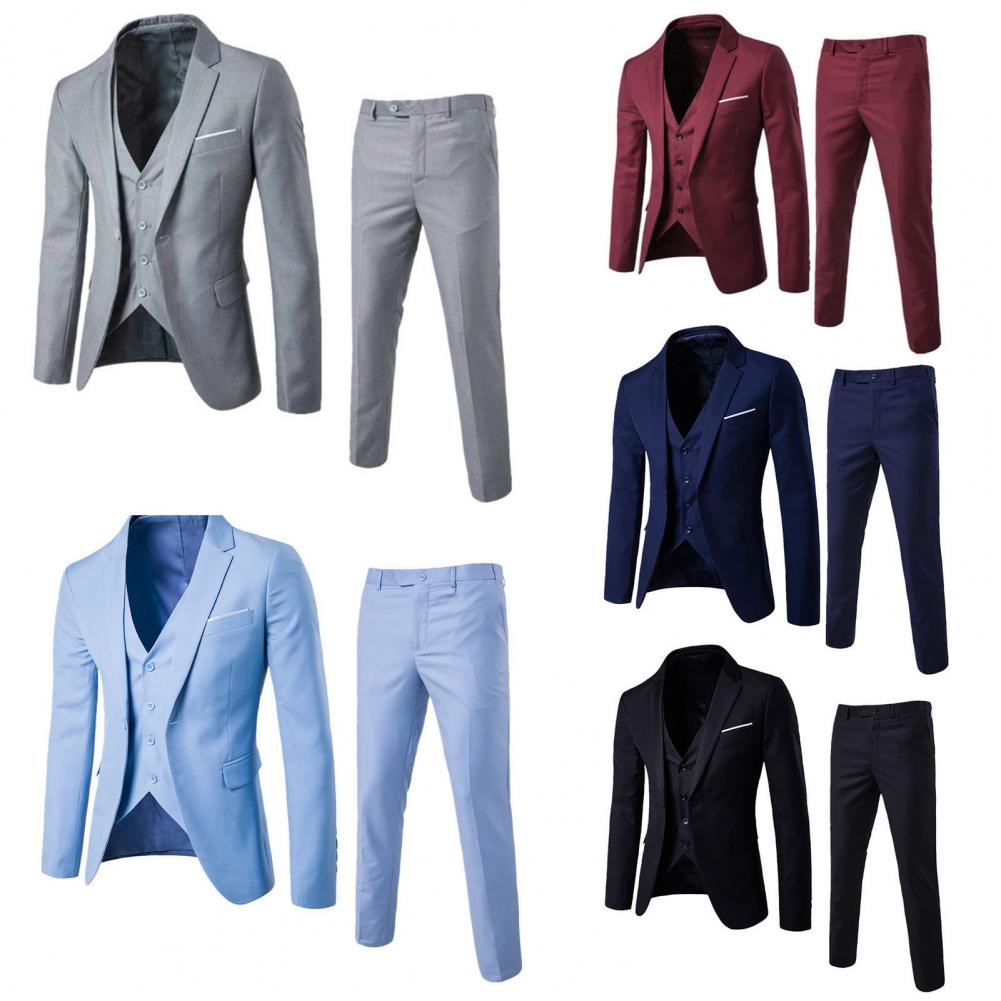 Men Three-piece Suit Men's Formal Business Style Slim Fit Wedding Suit Set with Silky Smooth Anti-wrinkle Fabric Turn-down