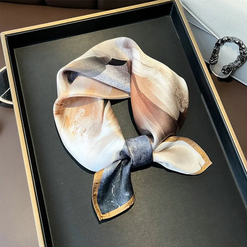 Hot Sale 2025 Brand 100% Silk Scarf Women Neck Hair Foulard Square Headband Hijab Print Poncho Scarves Bandana Fashion 53cm