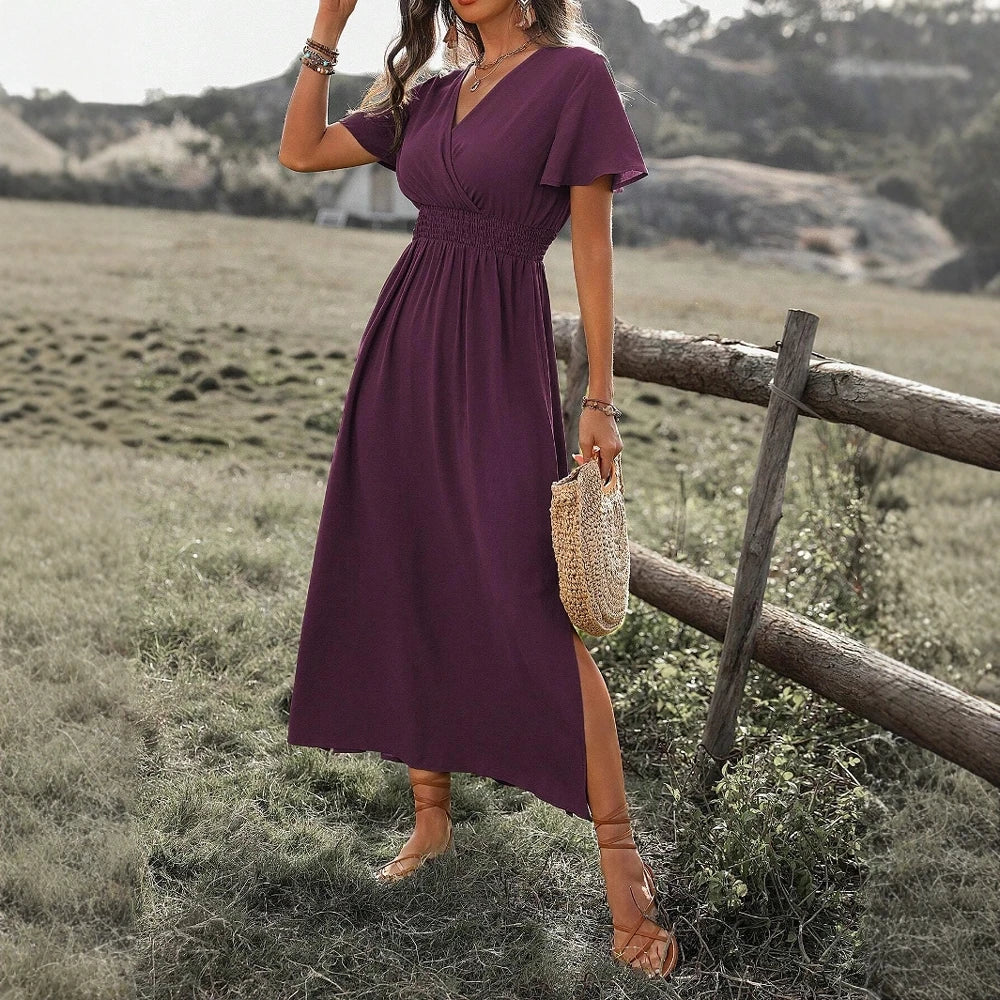 Mia Muse Women's Dresses Summer Fashion 2025 Plain Side Slit Nipped Waists Short Sleeve V-Neck A Line Midi Vacation Dresses