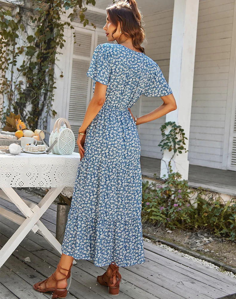 Summer hot-selling daily commuting floral dress fashionable slit skirt casual fashion loose V-neck short-sleeved skirt
