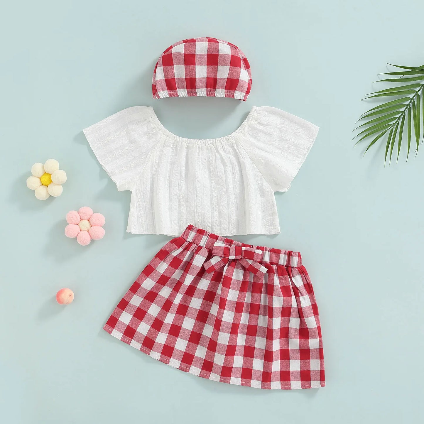 Lioraitiin 3Pcs Set 0-24M Newborn Baby Girl Clothes Cute Summer Off Shoulder Lace Tops+ Red Plaid Short Dress Headband Outfit