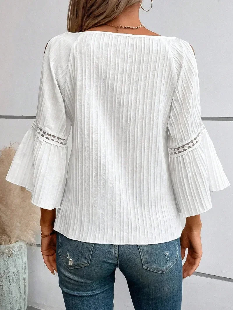 Spring and Autumn Women's Plus Size Fashion Slimming Off Off Shoulder Solid Color T-shirt Lace Patch Fluffy Sleeve Casual Shirt