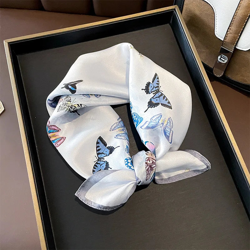 Hot Sale 2025 Brand 100% Silk Scarf Women Neck Hair Foulard Square Headband Hijab Print Poncho Scarves Bandana Fashion 53cm