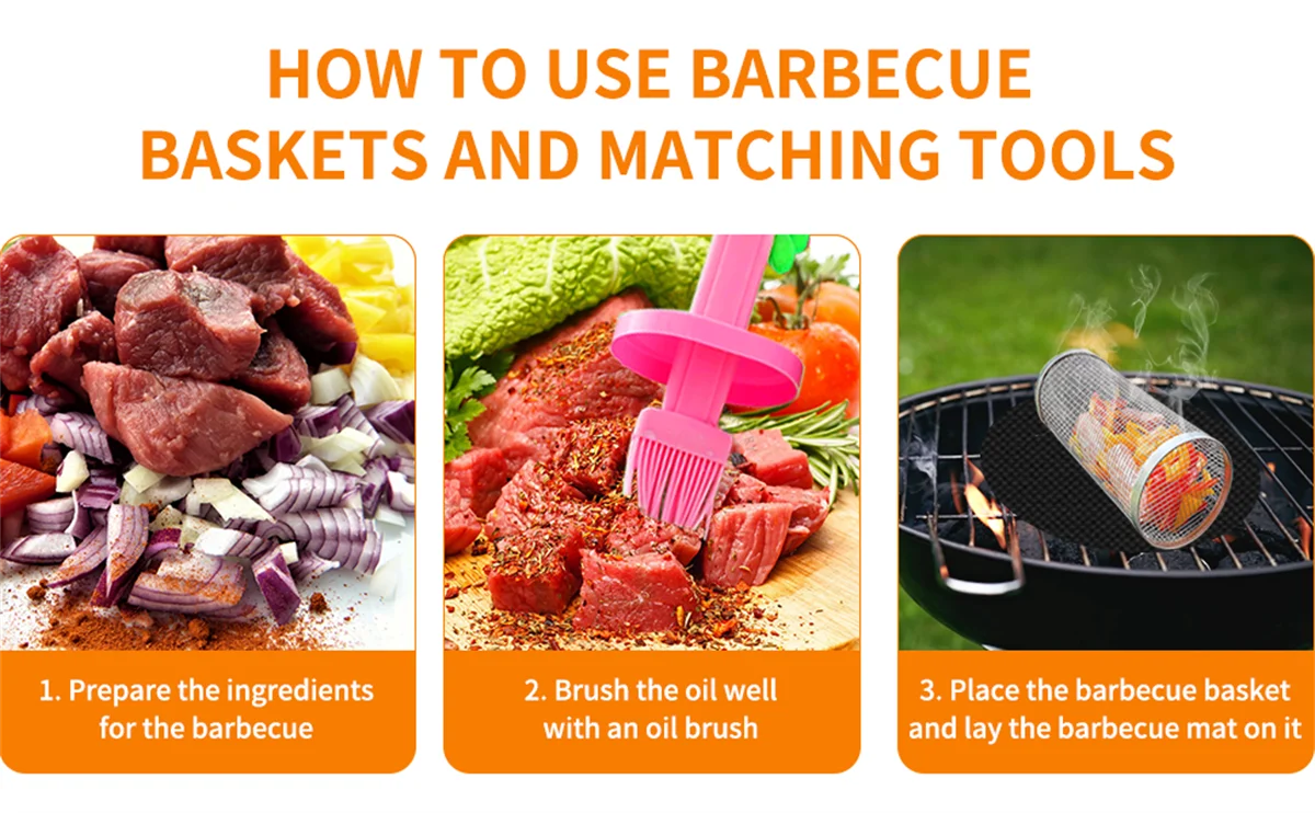 BBQ Basket Stainless Steel Rolling Grilling Basket Wire Mesh Cylinder Grill Basket Portable Round Outdoor Camping Barbecue Rack