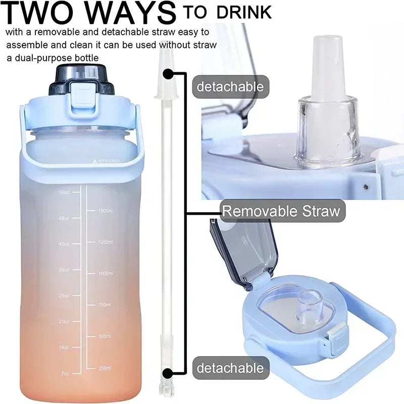 3PCS Sports Water Bottle for Running Drinking Bottle 2L Motivational with Time Marker Stickers Portable Reusable Plastic Cups