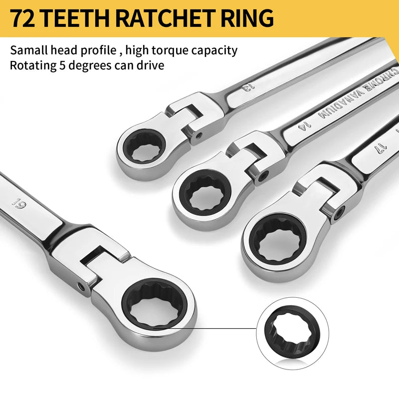 Flex Head Ratcheting Wrench Set,Combination Ended Spanner kits, Chrome Vanadium Steel Hand Tools Socket Key Ratchet Wrench set