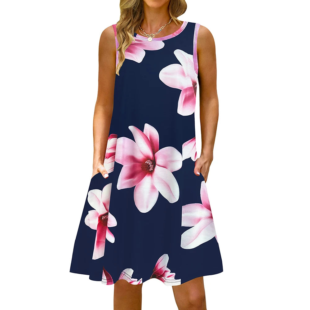 S-5Xl Colorful Printed O Neck Long Dress Casual Bohemian Sleeveless Ladies Summer Beach Sundress Travel Pocket Shirt Party Gowns