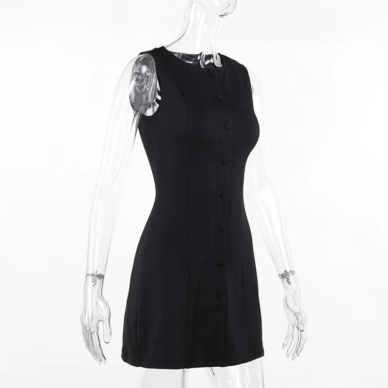 Fashion Sleeveless Sexy Mini Dress For Women New O Neck Single-btrasted Bodycon Club Party Tank Dress Femme Clothes vestidos