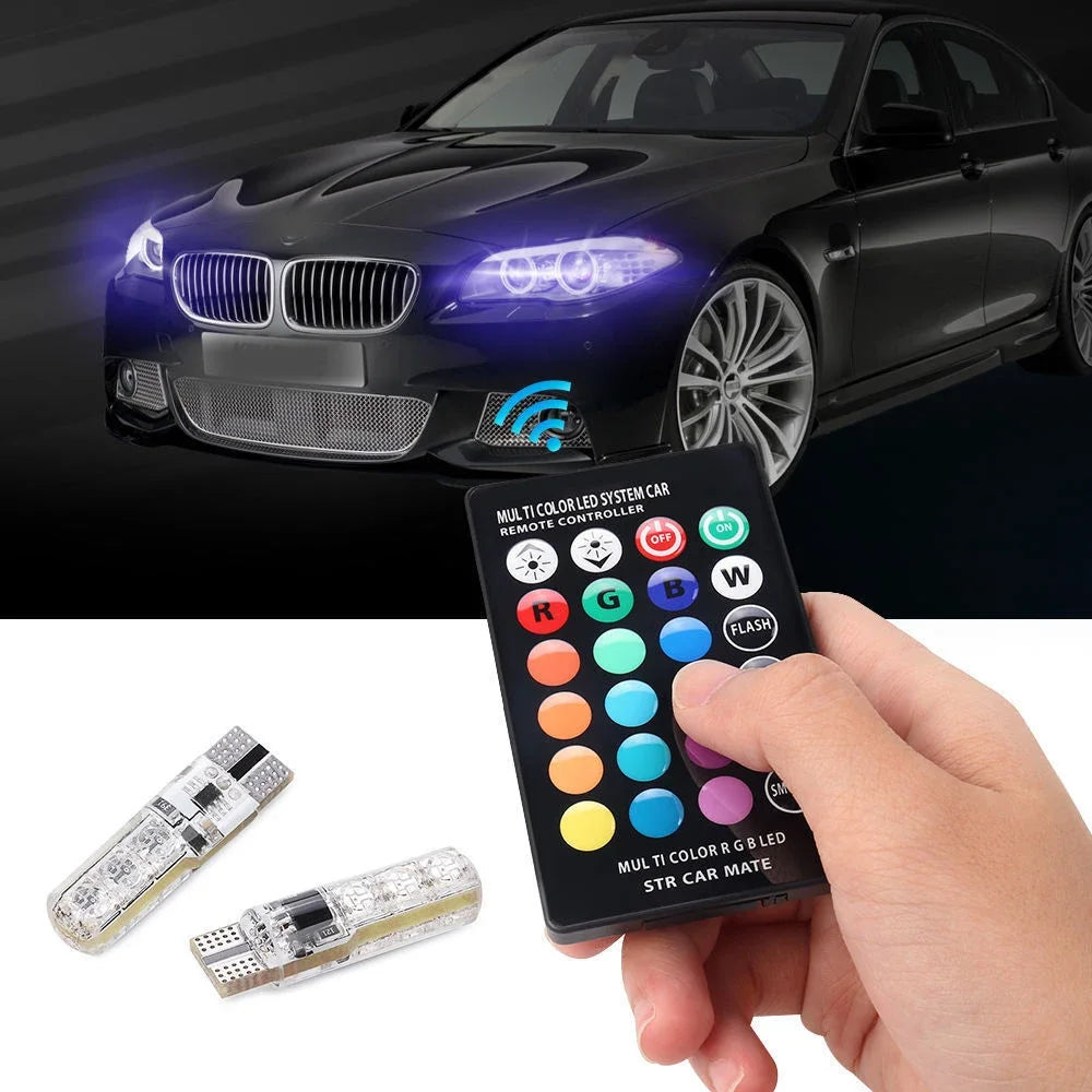 2Pcs T10 5050 LED Car Width Light Auto Dome Reading Decorative Lamp 6SMD RGB Color Remote Control Strobe Mood Light