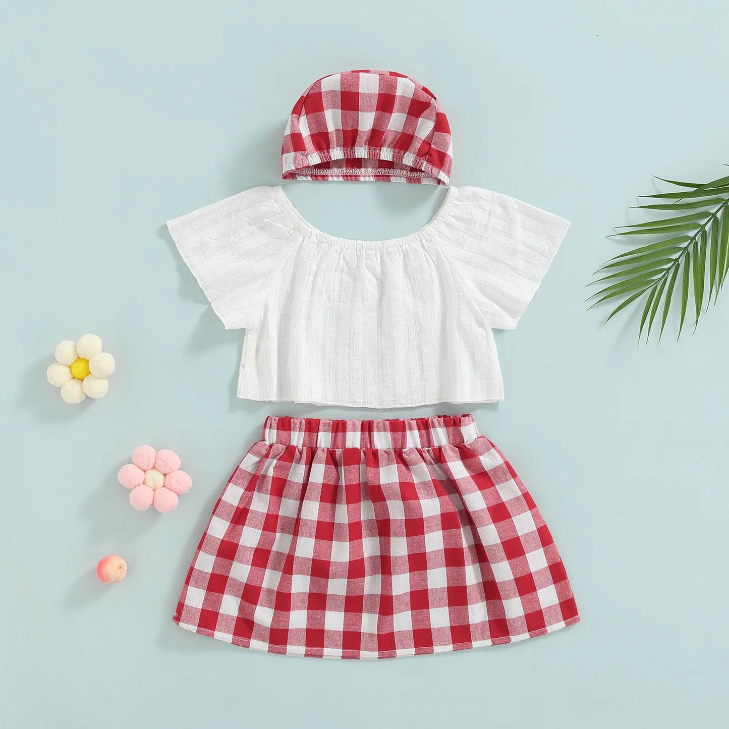 Lioraitiin 3Pcs Set 0-24M Newborn Baby Girl Clothes Cute Summer Off Shoulder Lace Tops+ Red Plaid Short Dress Headband Outfit
