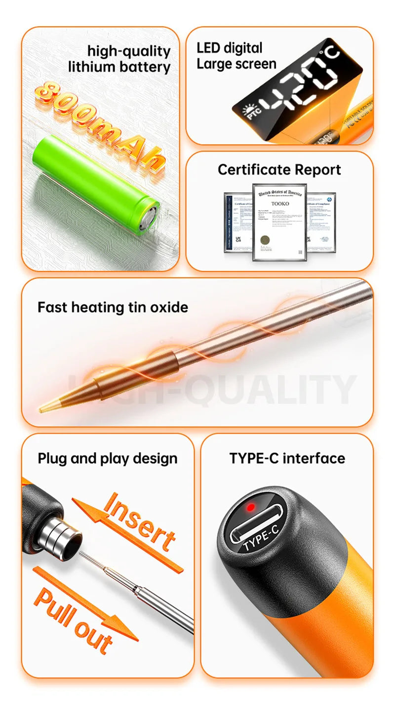 Saldatore USB con regolazione intelligente della temperatura, set di saldatore senza fili con luce di lavoro a LED