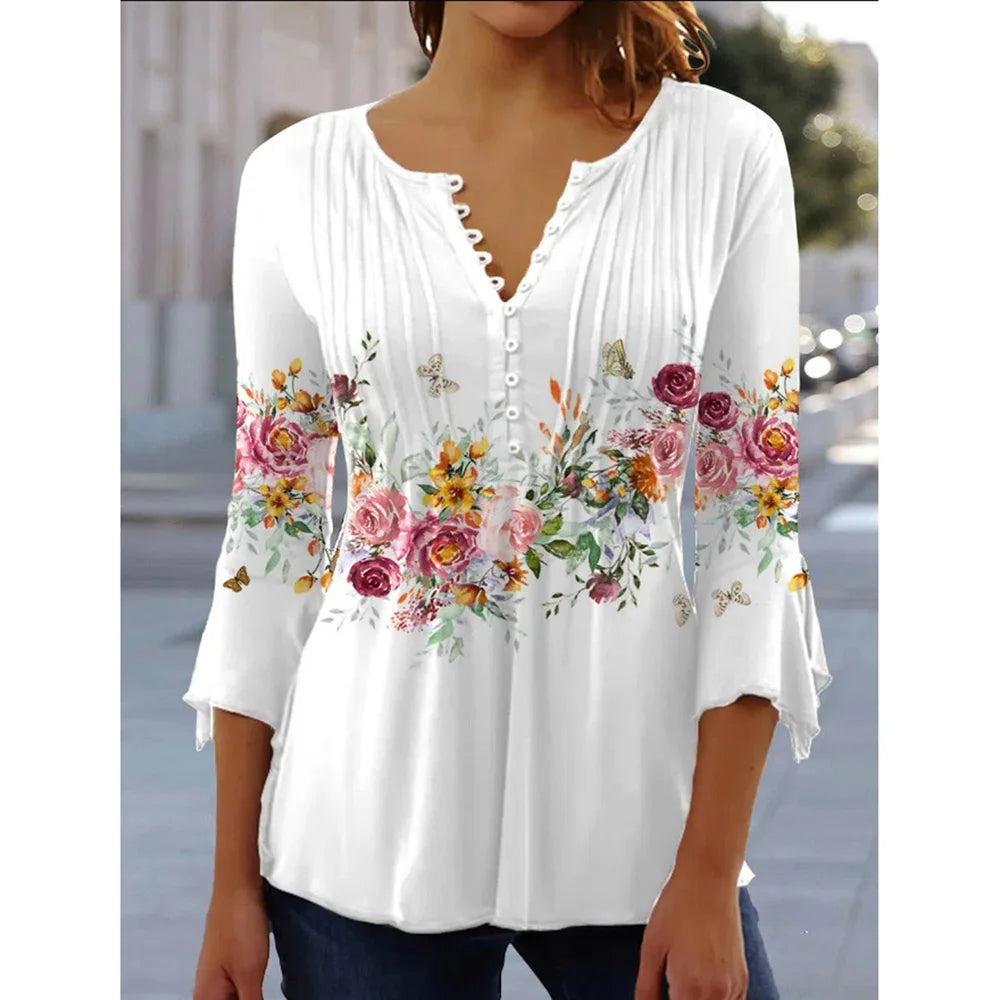 New Fashion Women's T-Shirt Tee White Floral Button Short Sleeve Summer 3D Printed Basic V-Neck Loose Casua Size Top Clothing