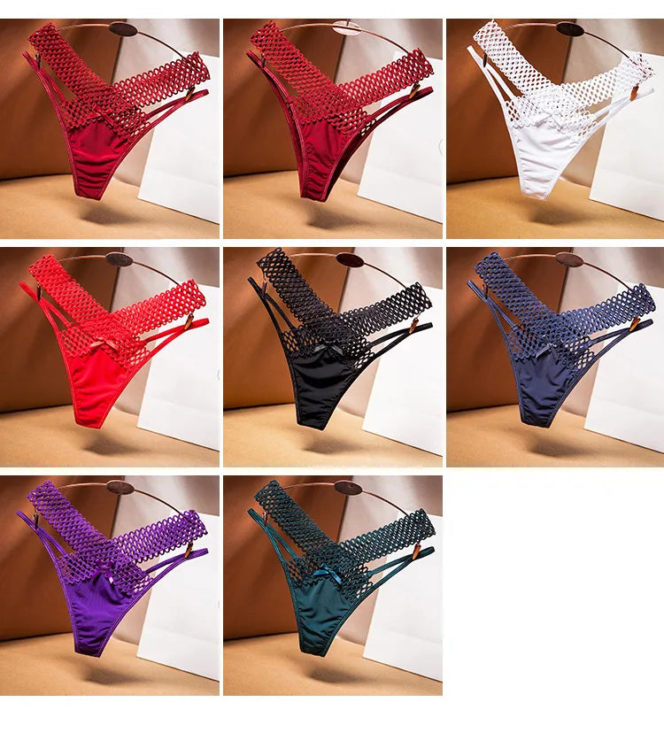 2024 Women's Panties Cross Cut Ice Silk Thong Sports Fashion Perspective Low Waist Ribbons Трусы Женские Sexy Lingerie Thongs