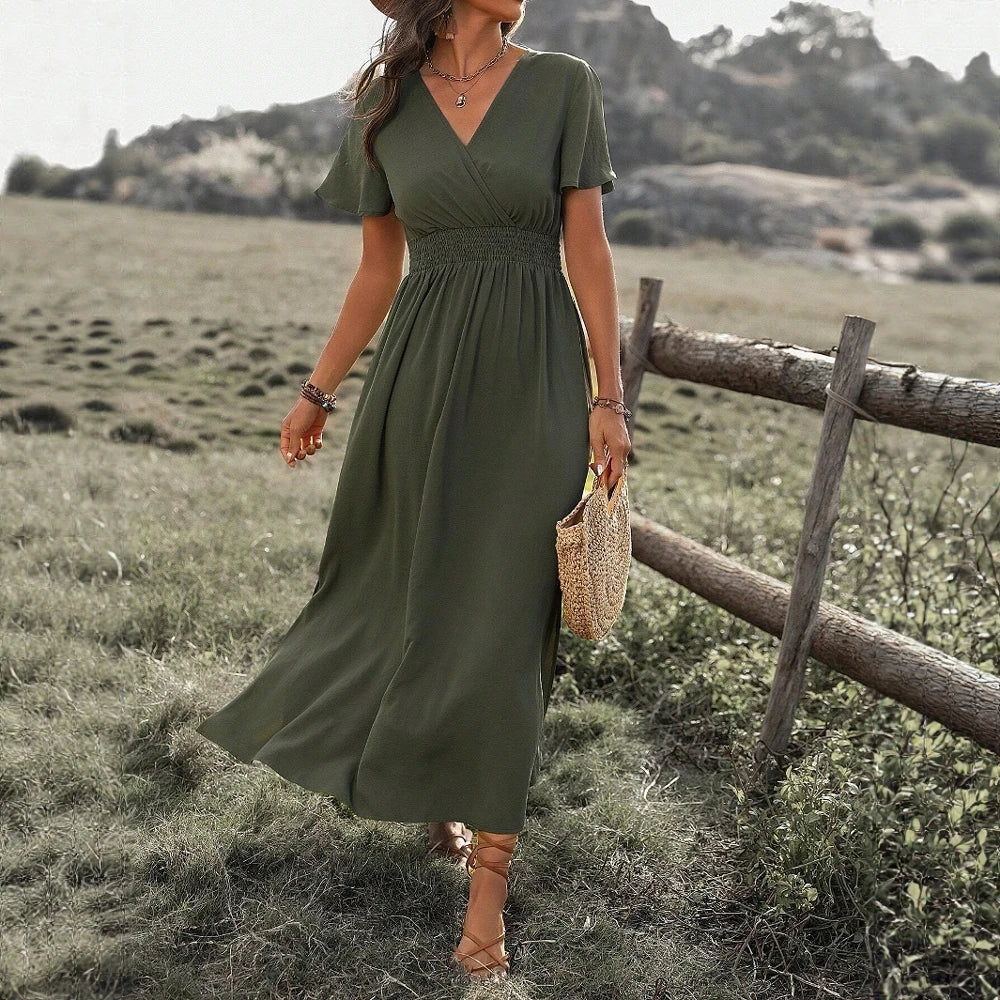 Mia Muse Women's Dresses Summer Fashion 2025 Plain Side Slit Nipped Waists Short Sleeve V-Neck A Line Midi Vacation Dresses