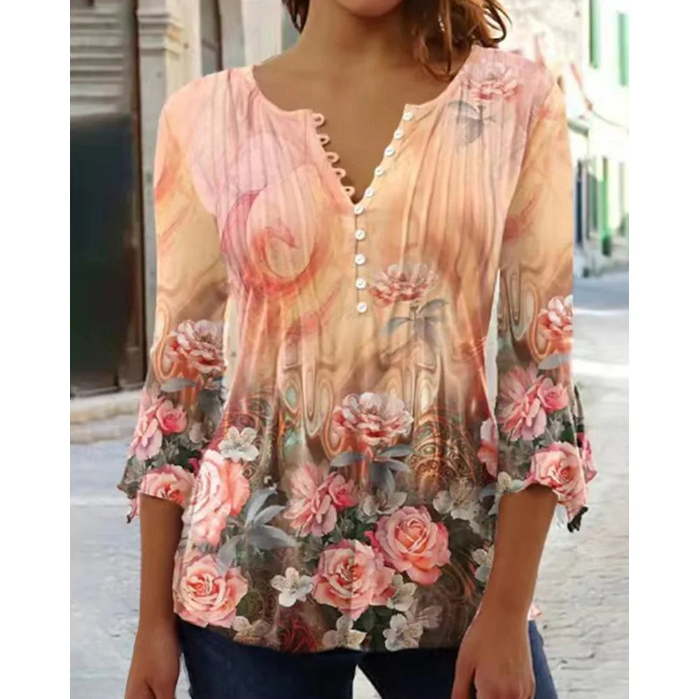 New Fashion Women's T-Shirt Tee White Floral Button Short Sleeve Summer 3D Printed Basic V-Neck Loose Casua Size Top Clothing