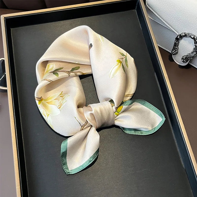 Hot Sale 2025 Brand 100% Silk Scarf Women Neck Hair Foulard Square Headband Hijab Print Poncho Scarves Bandana Fashion 53cm