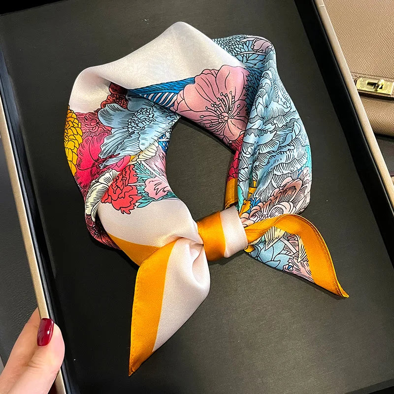 Hot Sale 2025 Brand 100% Silk Scarf Women Neck Hair Foulard Square Headband Hijab Print Poncho Scarves Bandana Fashion 53cm