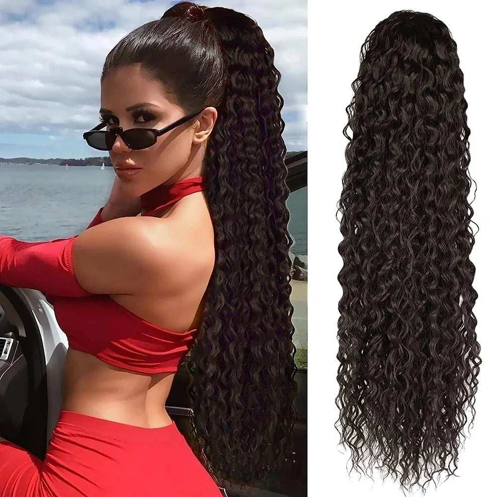 Synthetic Wig 24inch Long Curly Wave Drawstring Ponytail HairPieces Extension Heat Resistant Clip in For Women Girl