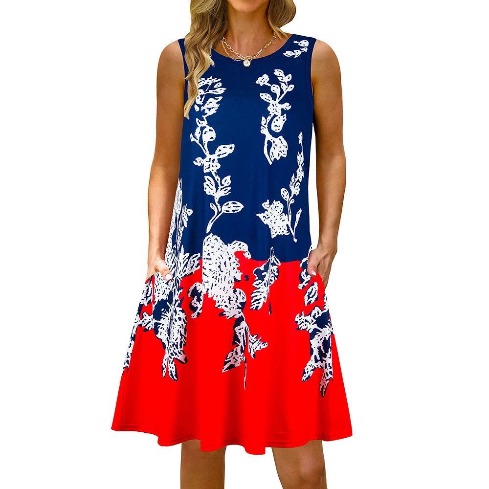S-5Xl Colorful Printed O Neck Long Dress Casual Bohemian Sleeveless Ladies Summer Beach Sundress Travel Pocket Shirt Party Gowns