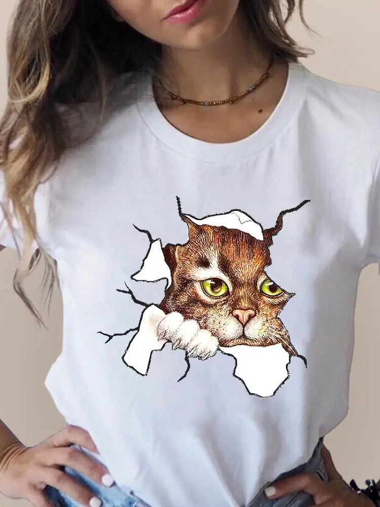 Print T Fashion 3D Cat Lovely Trend Cute Women's Clothing Short Sleeve Clothes Summer T-shirts Ladies Female Graphic Tee