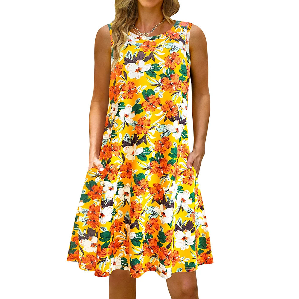 S-5Xl Colorful Printed O Neck Long Dress Casual Bohemian Sleeveless Ladies Summer Beach Sundress Travel Pocket Shirt Party Gowns