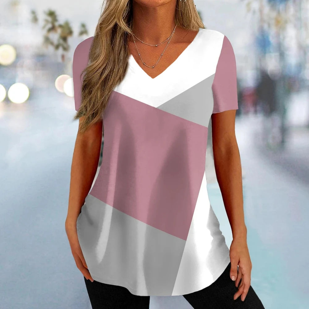 Vintage Simple Women's T-Shirt 3D Wave Curve Tee Fashion V-Neck Summer Short Sleeve Loose Streetwear Female Clothes Black Tshirt